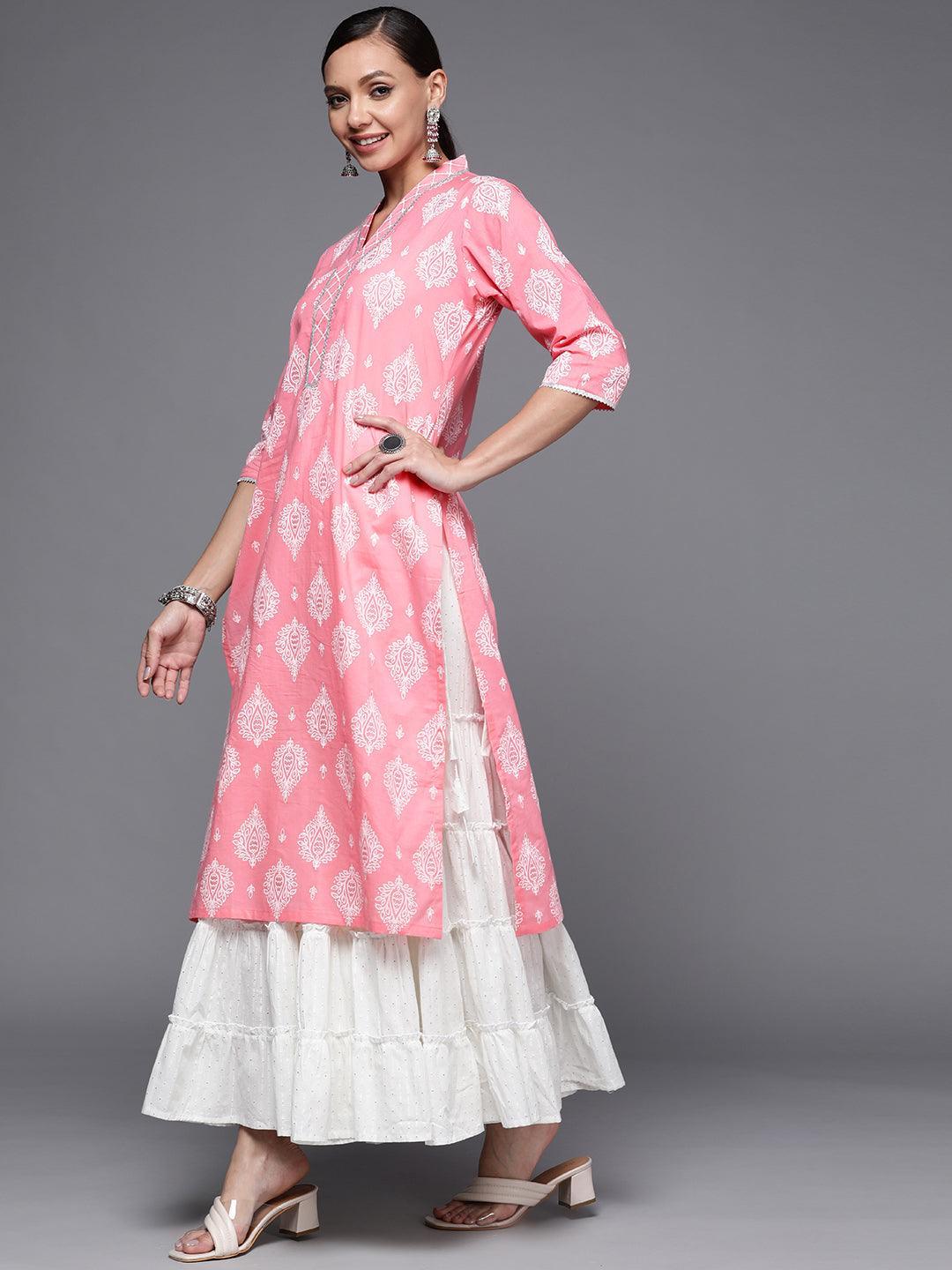 Pink Printed Cotton Straight Kurta - ShopLibas