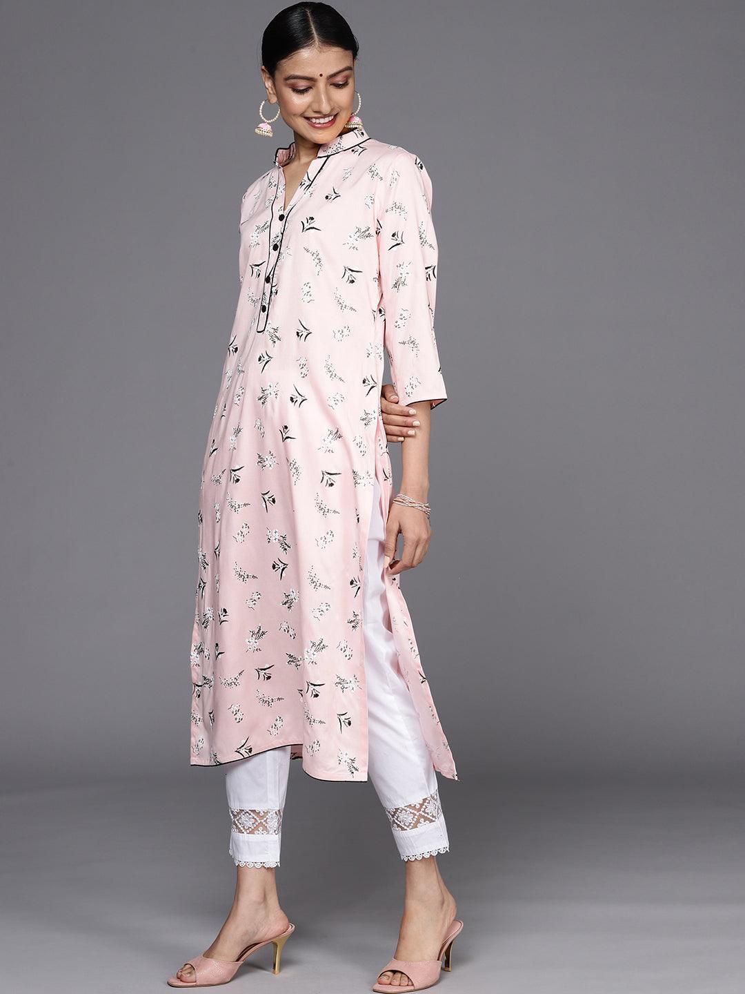 Pink Printed Cotton Straight Kurta - ShopLibas