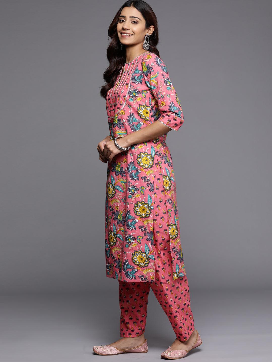 Pink Printed Cotton Straight Kurta - ShopLibas