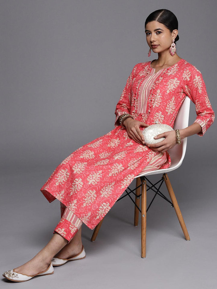 Pink Printed Cotton Straight Kurta
