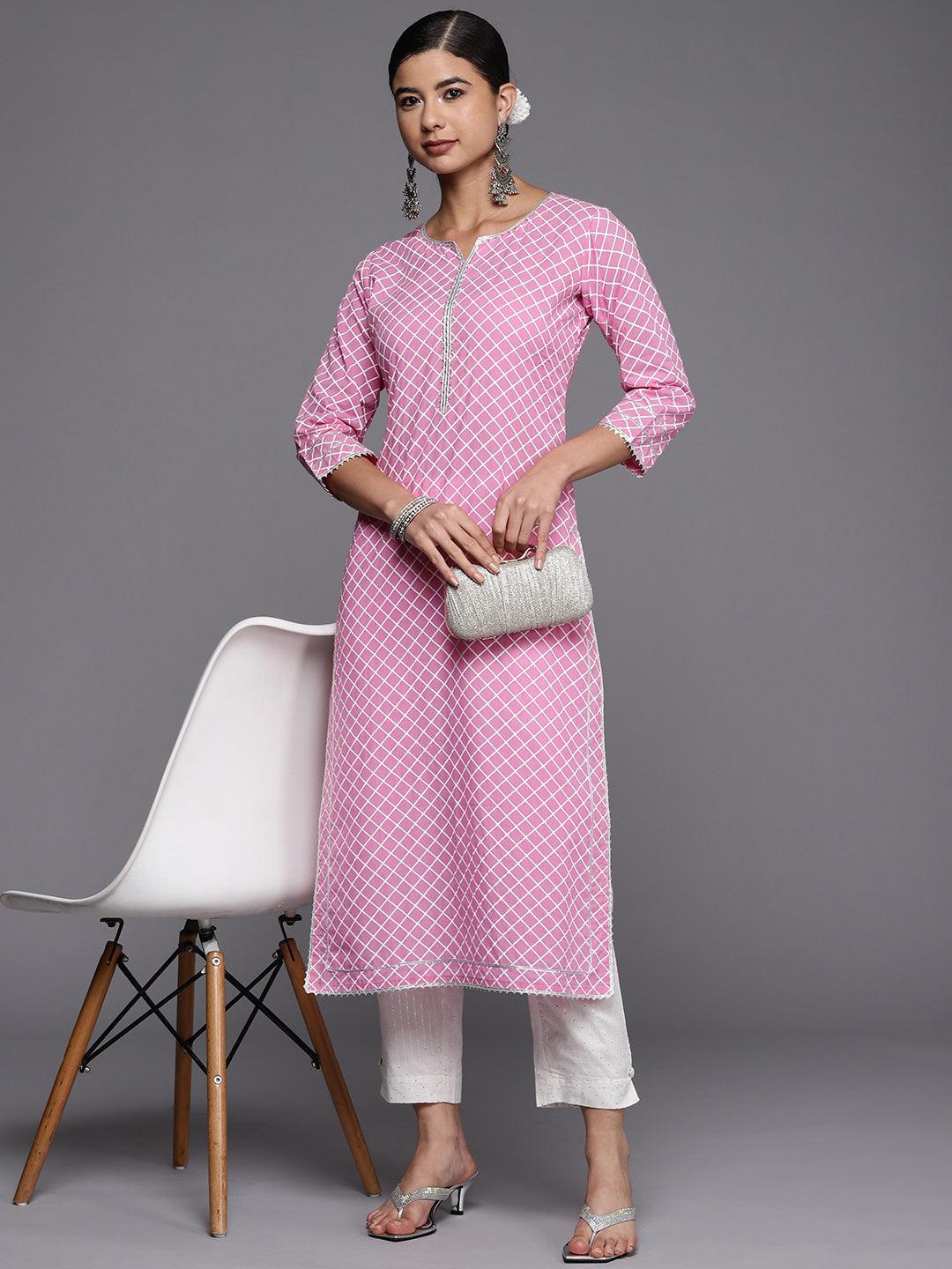 Pink Printed Cotton Straight Kurta - ShopLibas