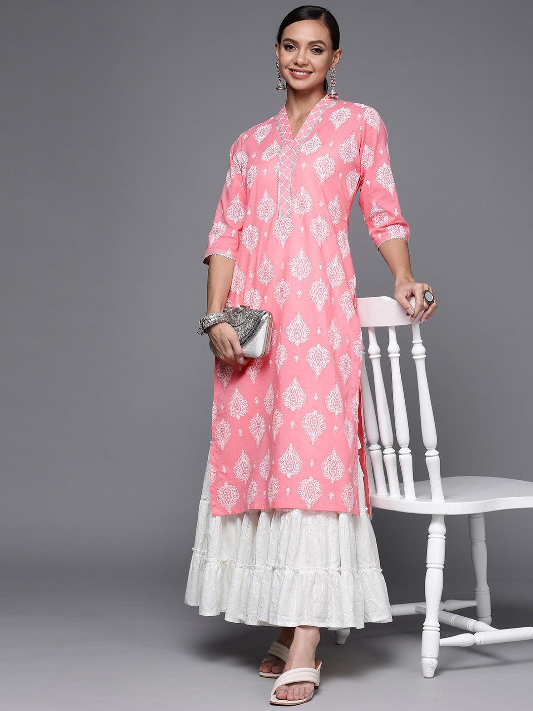 Pink Printed Cotton Straight Kurta - ShopLibas