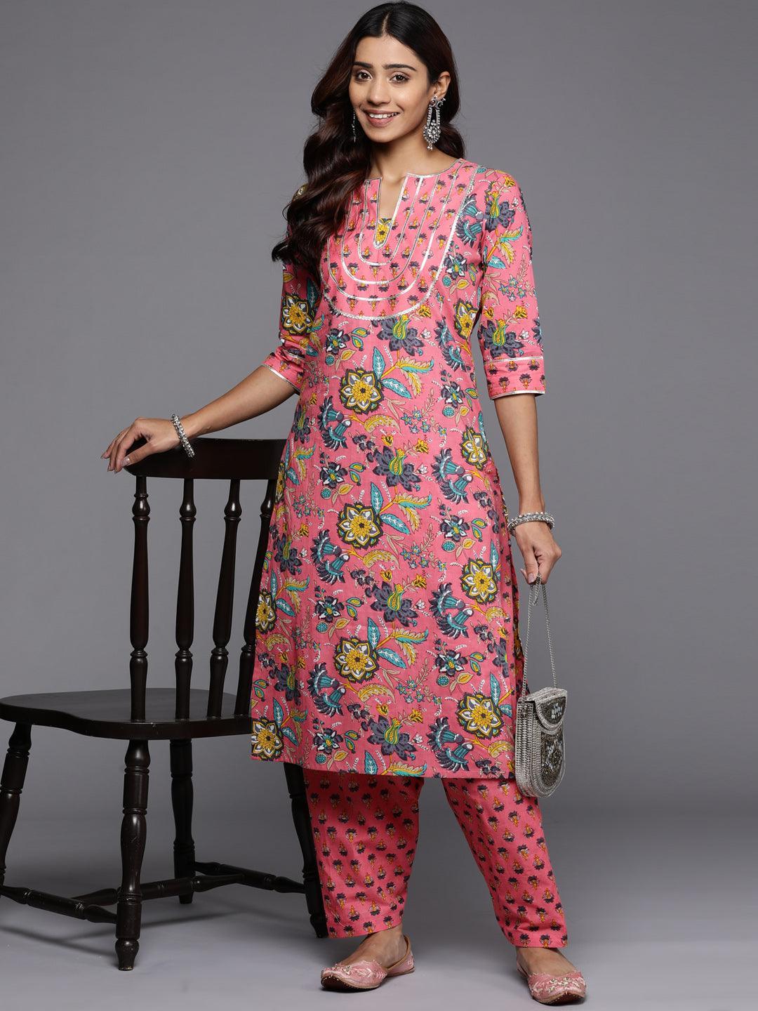 Pink Printed Cotton Straight Kurta - ShopLibas