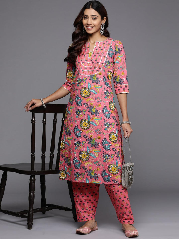 Pink Printed Cotton Straight Kurta