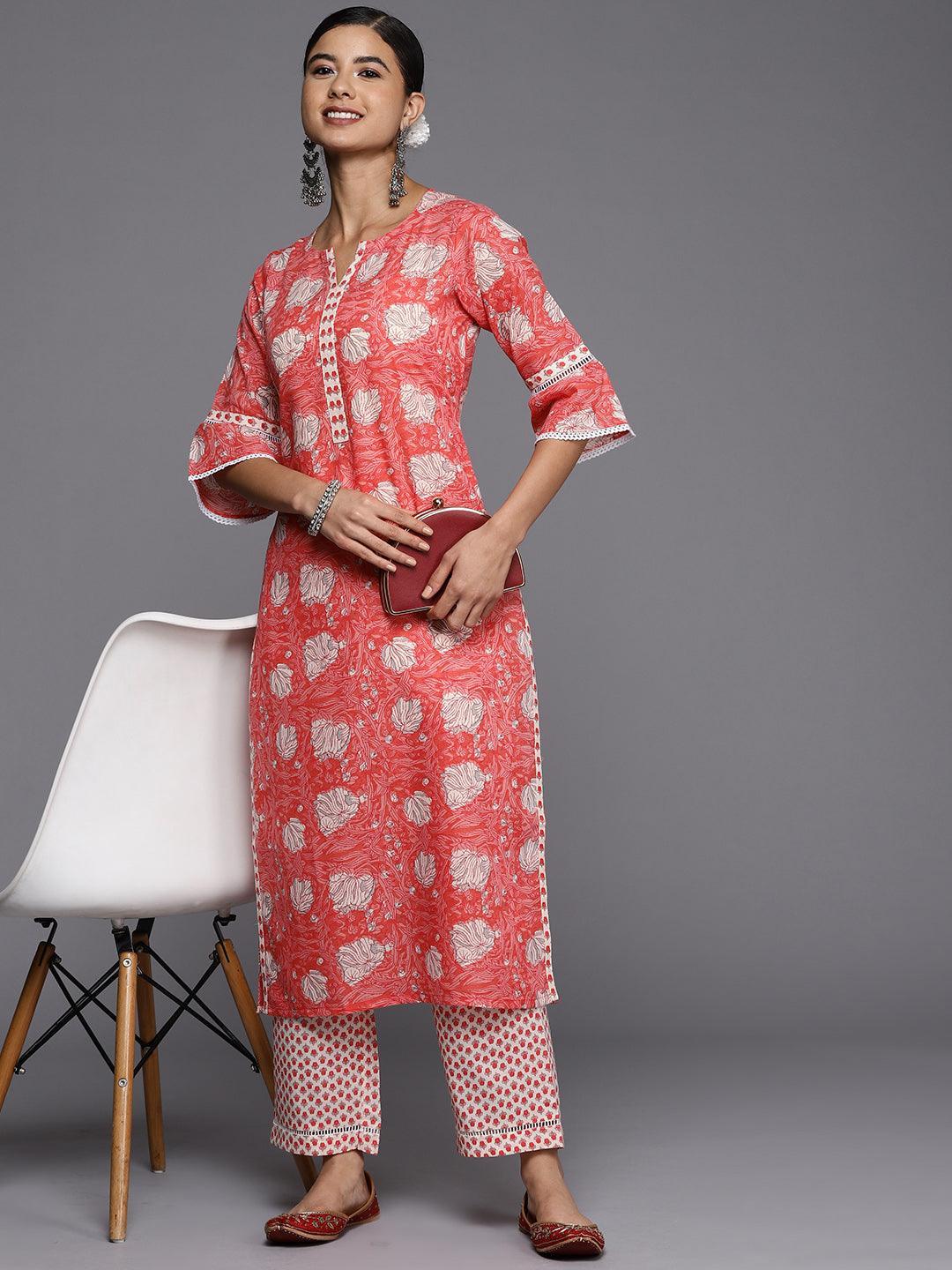 Pink Printed Cotton Straight Kurta - ShopLibas