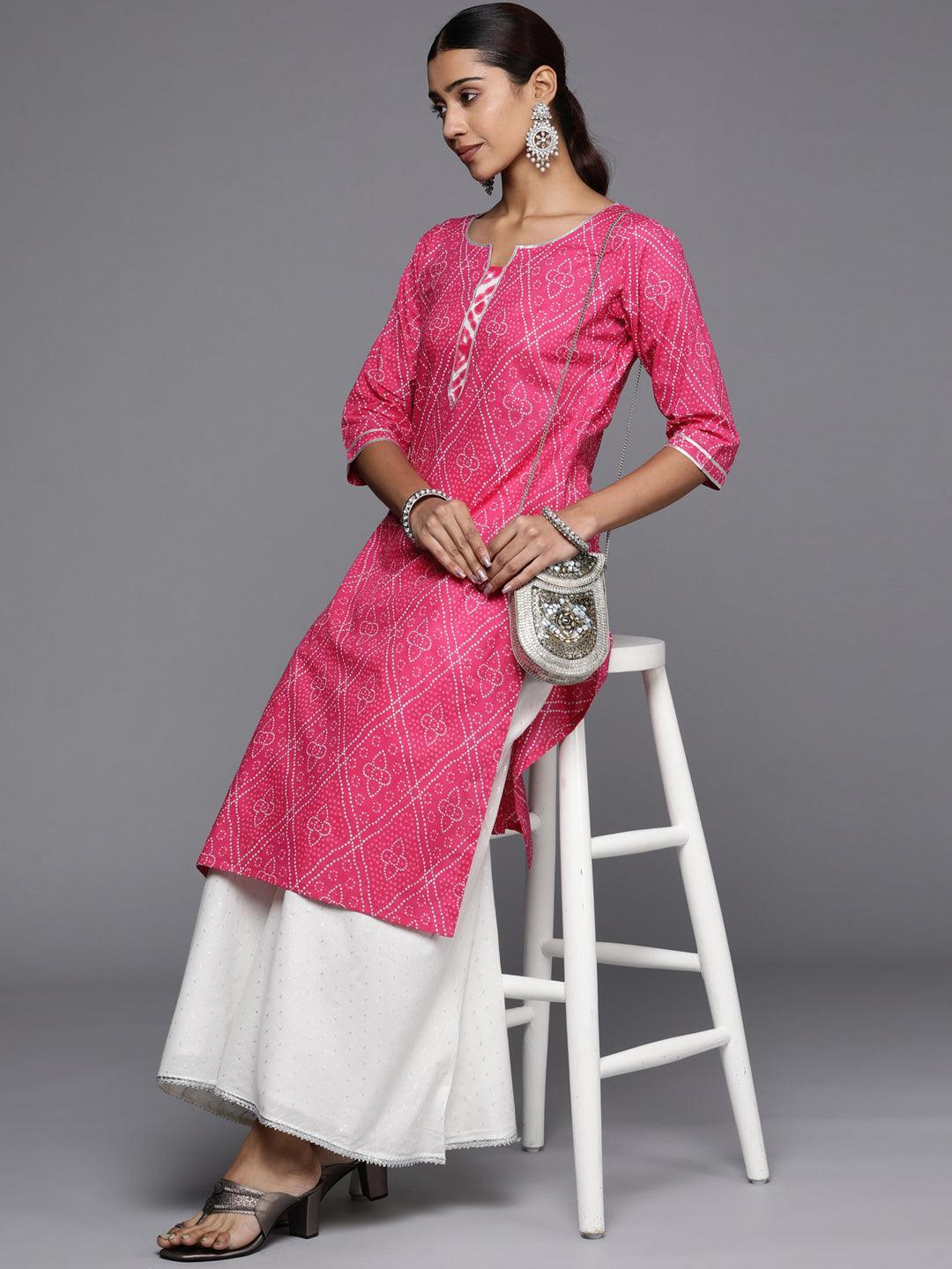 Pink Printed Cotton Straight Kurta - ShopLibas