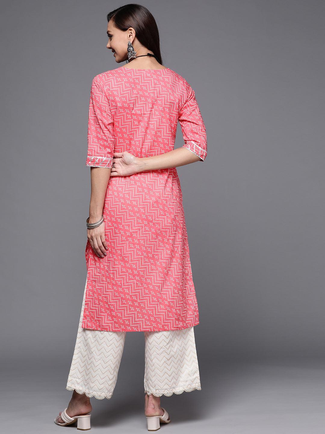 Pink Printed Cotton Straight Kurta - ShopLibas