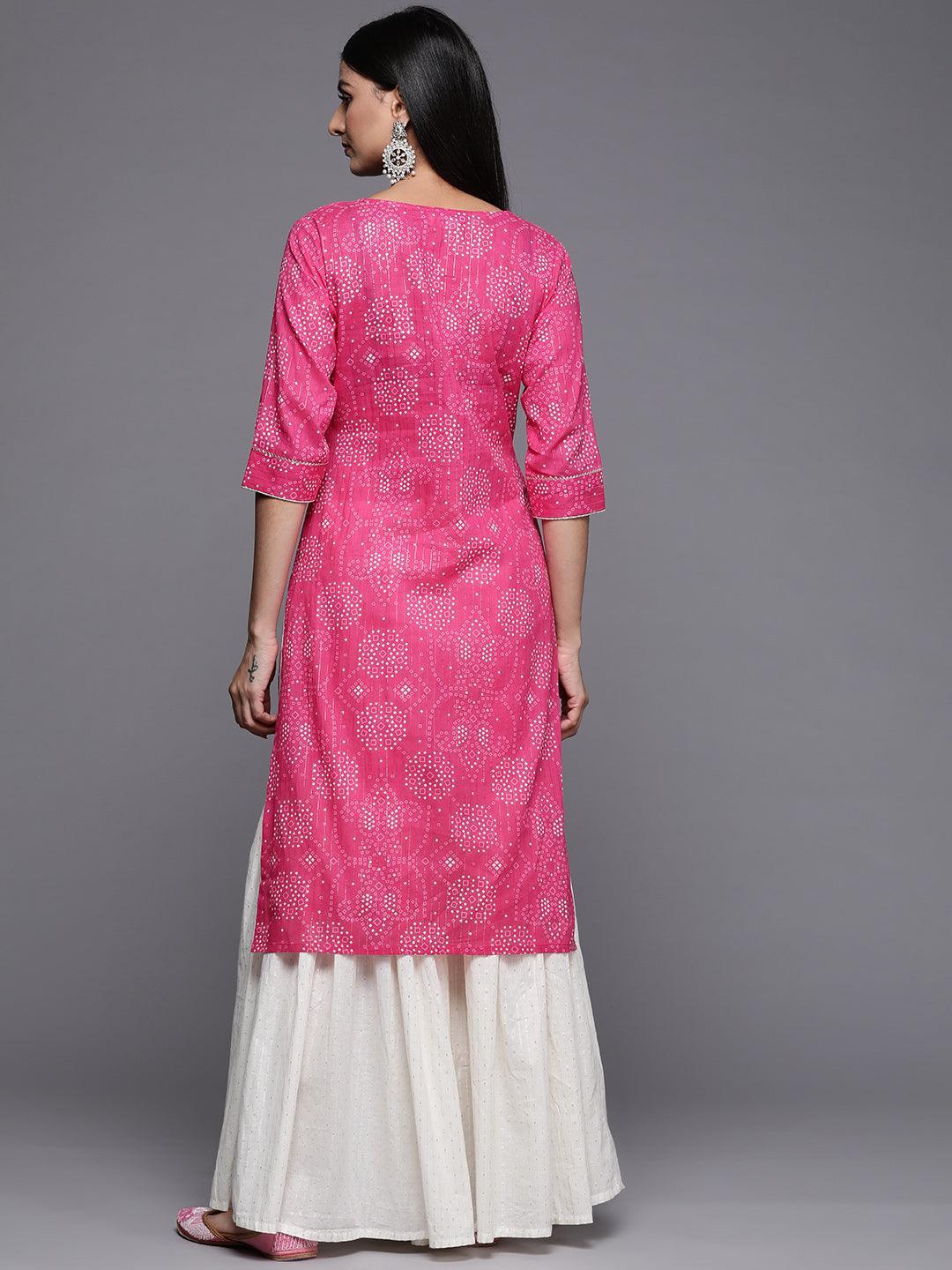 Pink Printed Cotton Straight Kurta - Libas