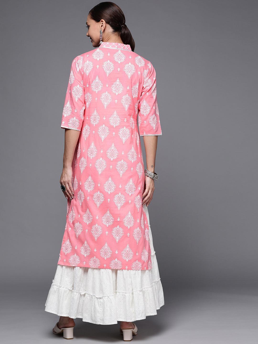 Pink Printed Cotton Straight Kurta - ShopLibas