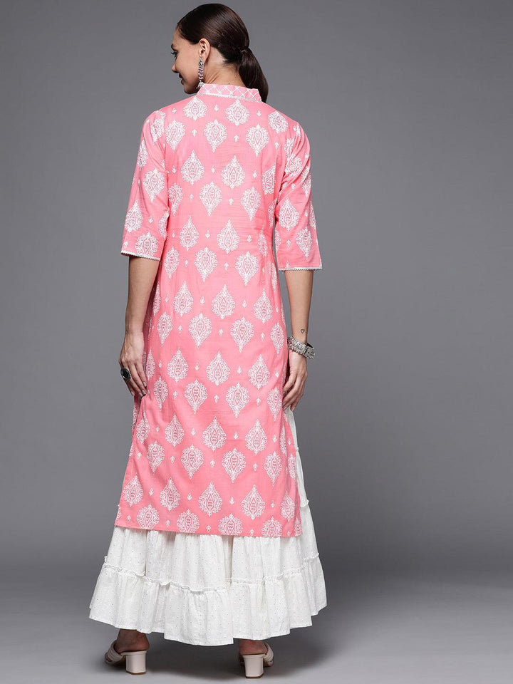 Pink Printed Cotton Straight Kurta