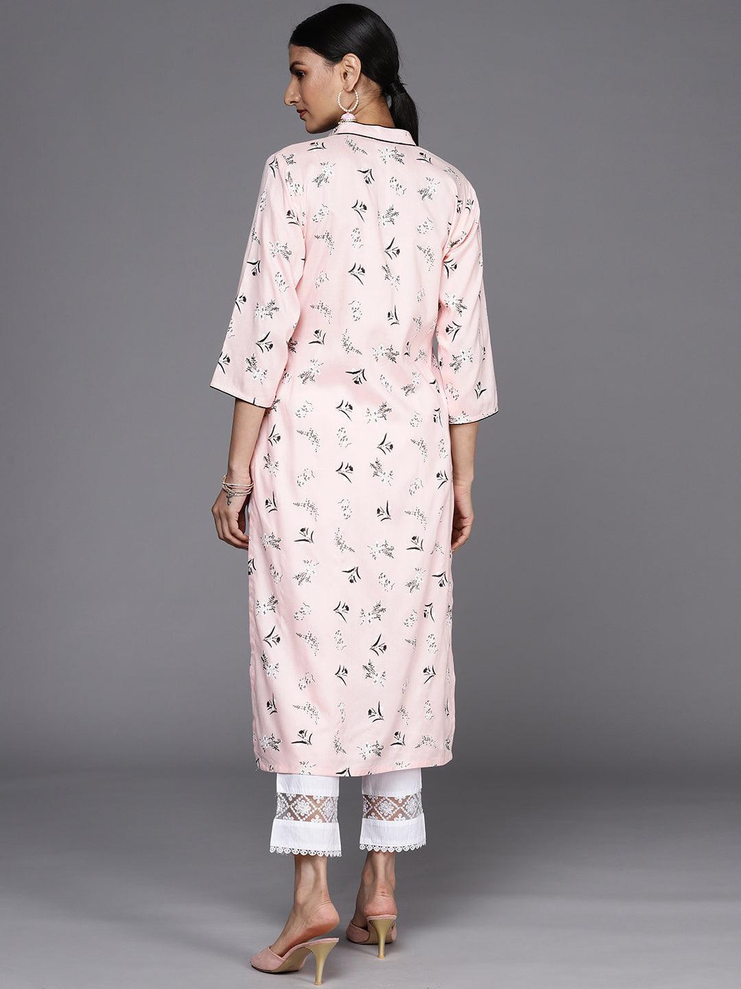 Pink Printed Cotton Straight Kurta - ShopLibas