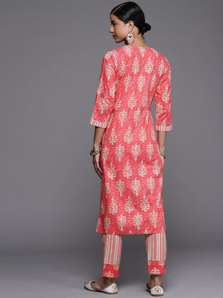 Pink Printed Cotton Straight Kurta