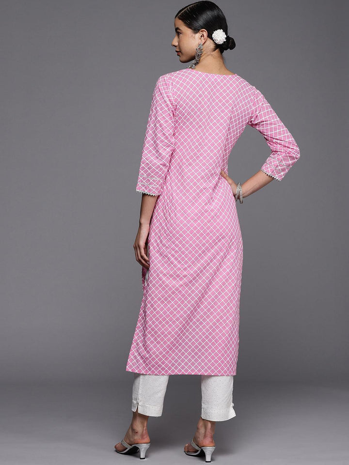 Pink Printed Cotton Straight Kurta