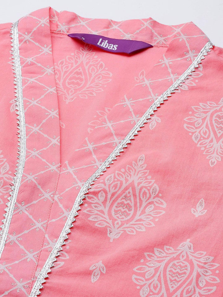 Pink Printed Cotton Straight Kurta