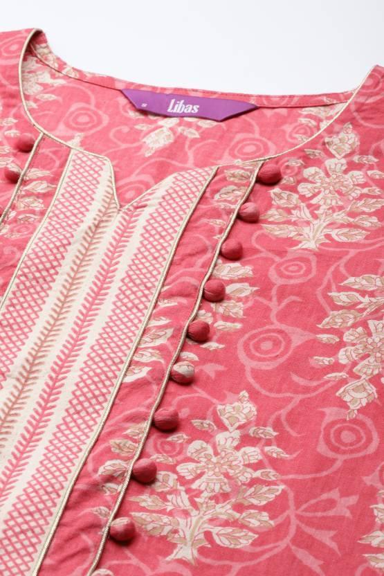 Pink Printed Cotton Straight Kurta - ShopLibas