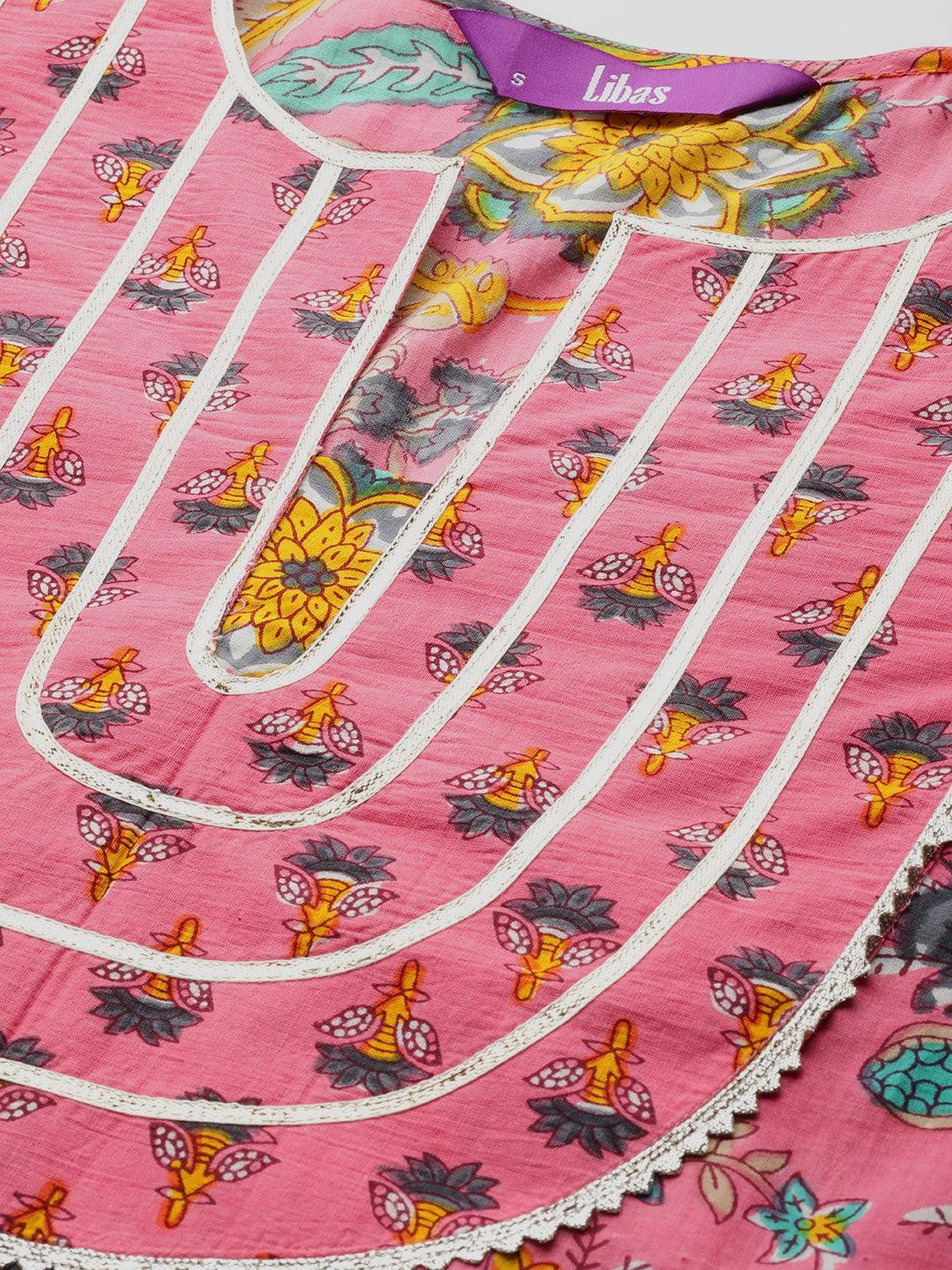 Pink Printed Cotton Straight Kurta - ShopLibas