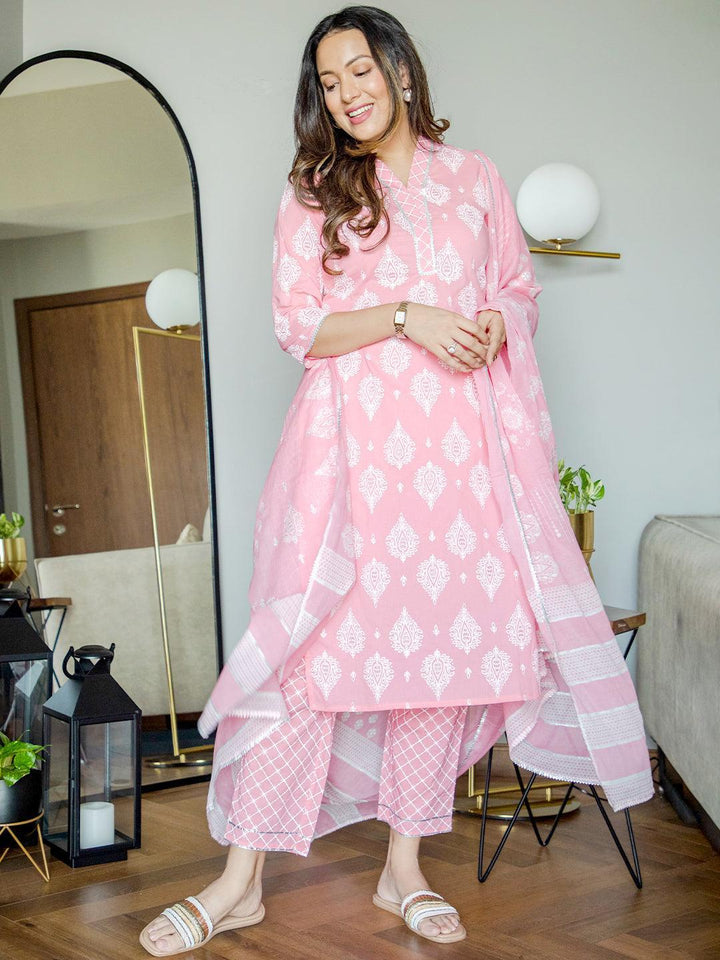 Pink Printed Cotton Straight Suit Set