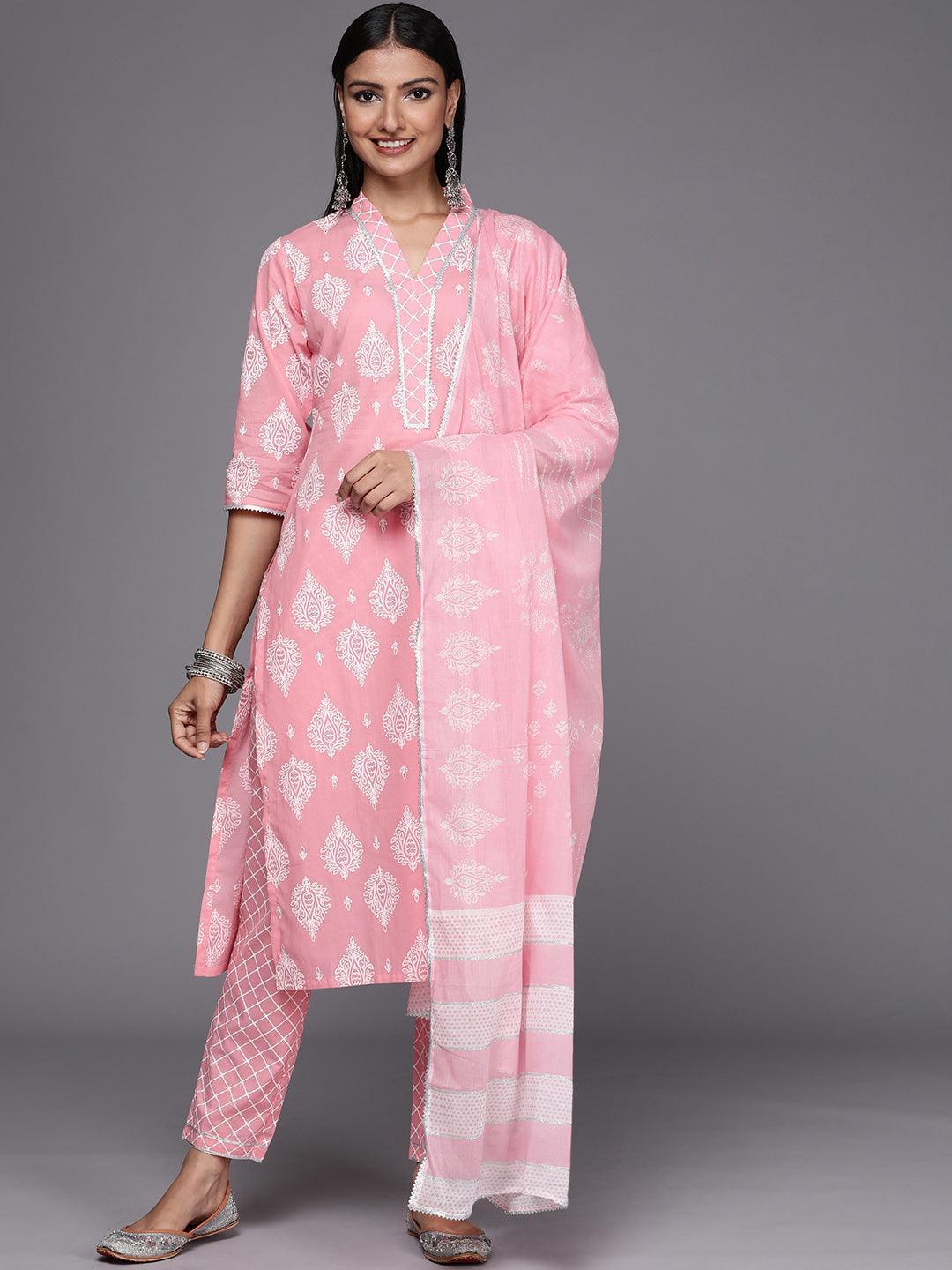 Pink Printed Cotton Straight Suit Set - ShopLibas