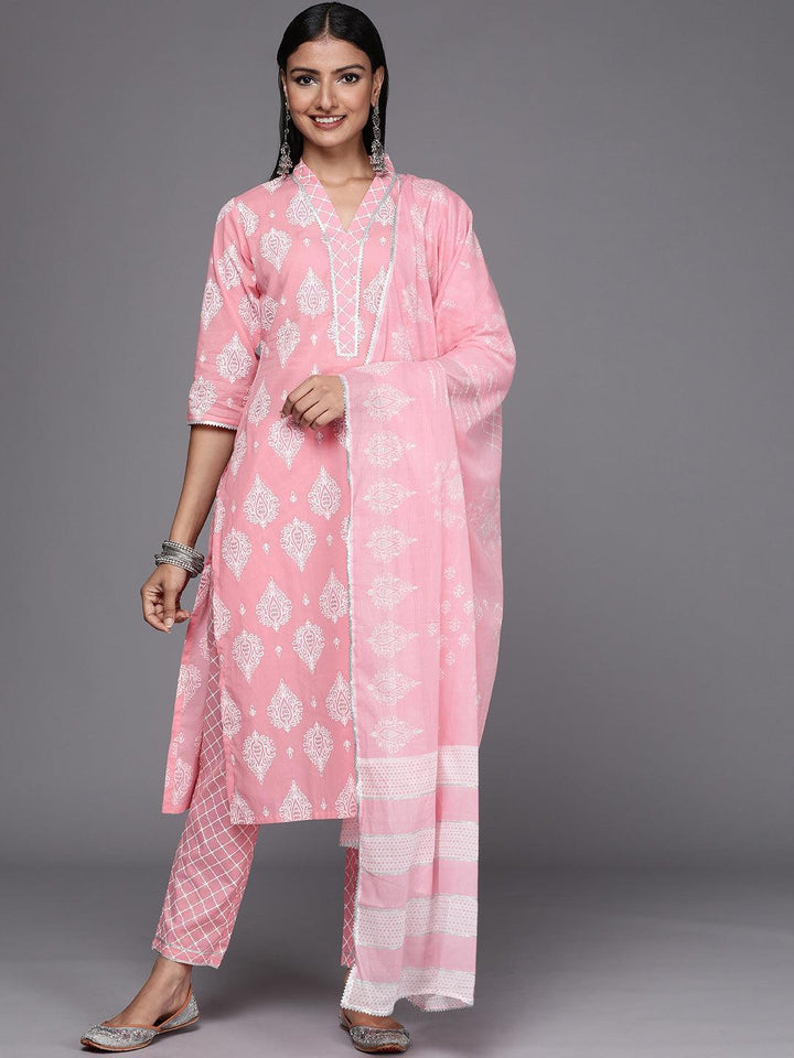 Pink Printed Cotton Straight Suit Set