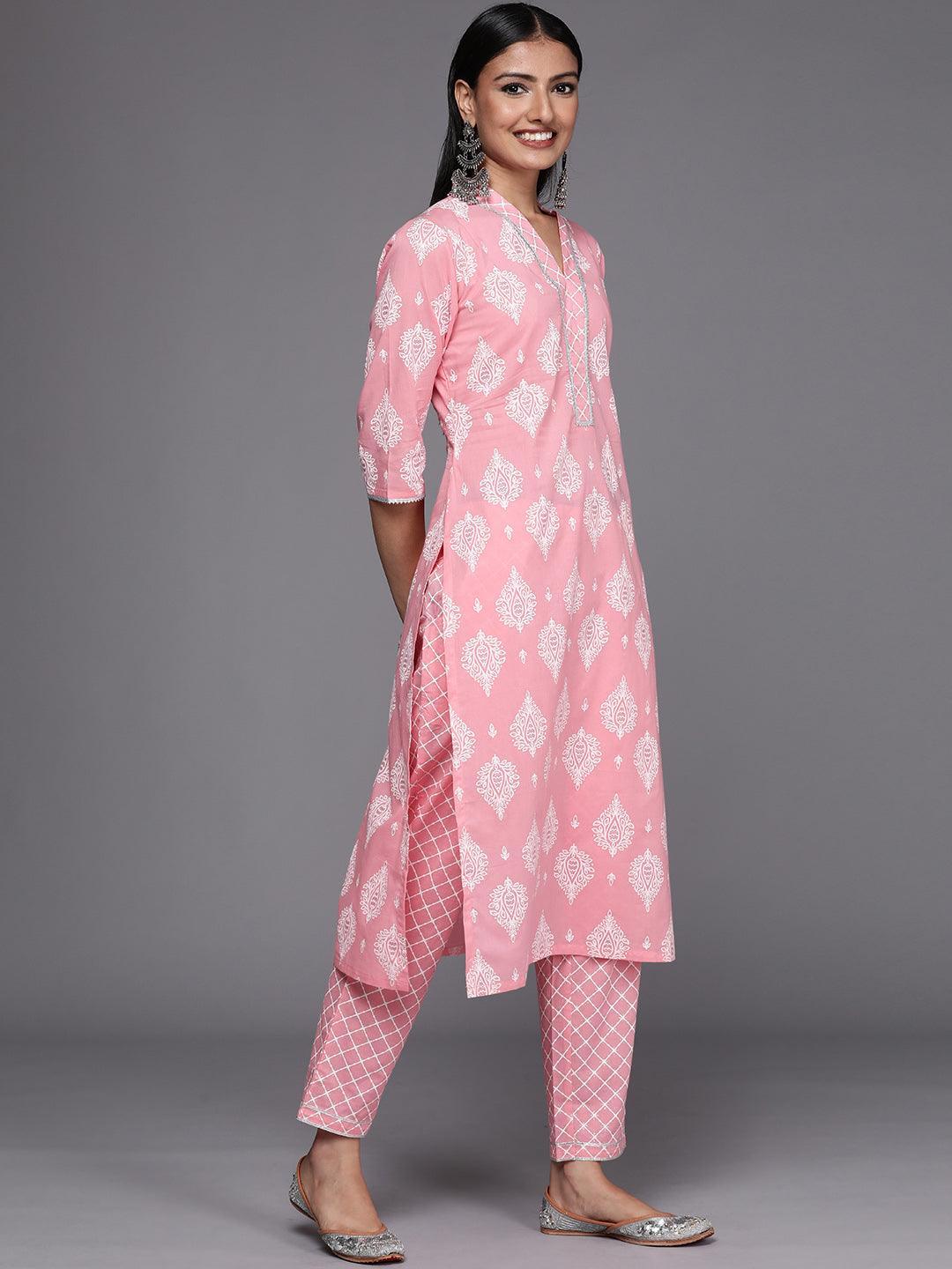 Pink Printed Cotton Straight Suit Set - ShopLibas