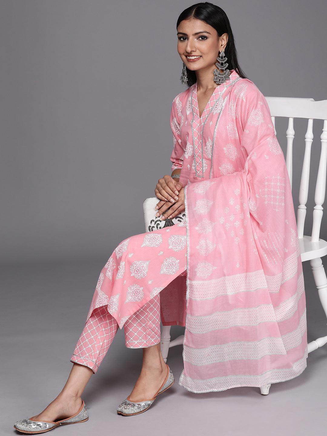 Pink Printed Cotton Straight Suit Set - ShopLibas