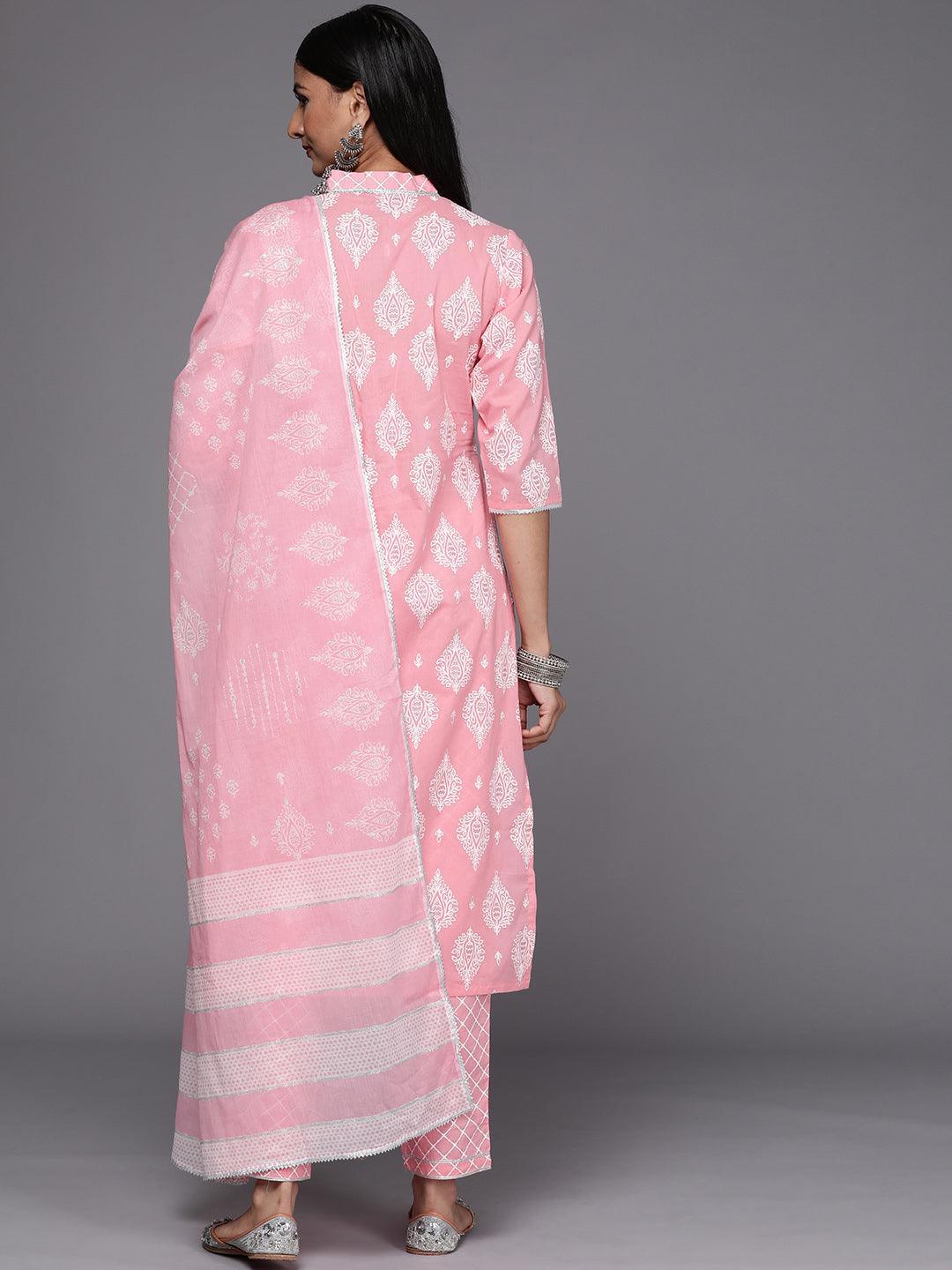Pink Printed Cotton Straight Suit Set - ShopLibas
