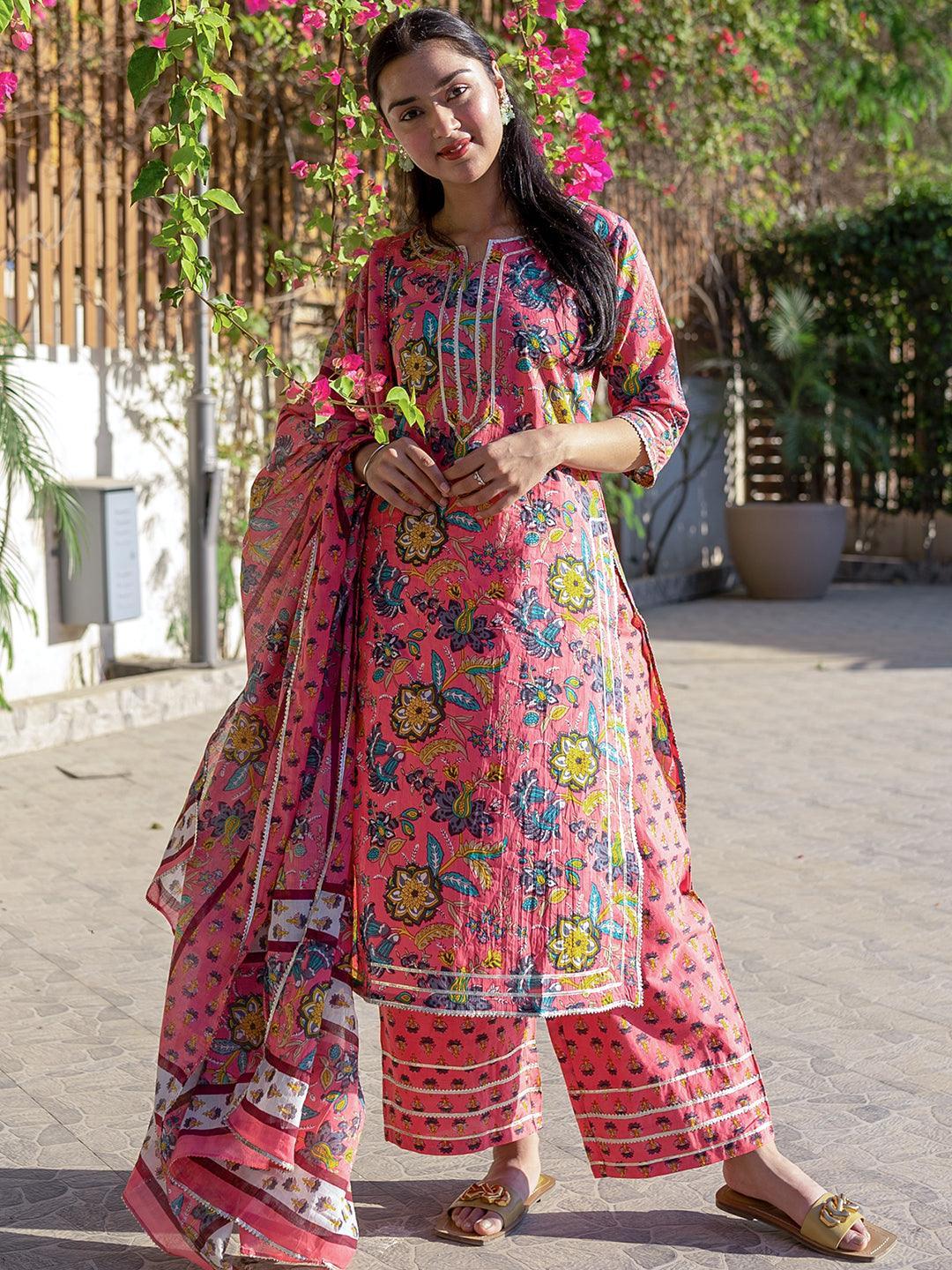 Pink Printed Cotton Straight Suit Set - ShopLibas