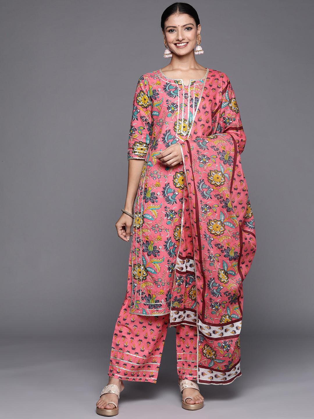 Pink Printed Cotton Straight Suit Set - ShopLibas