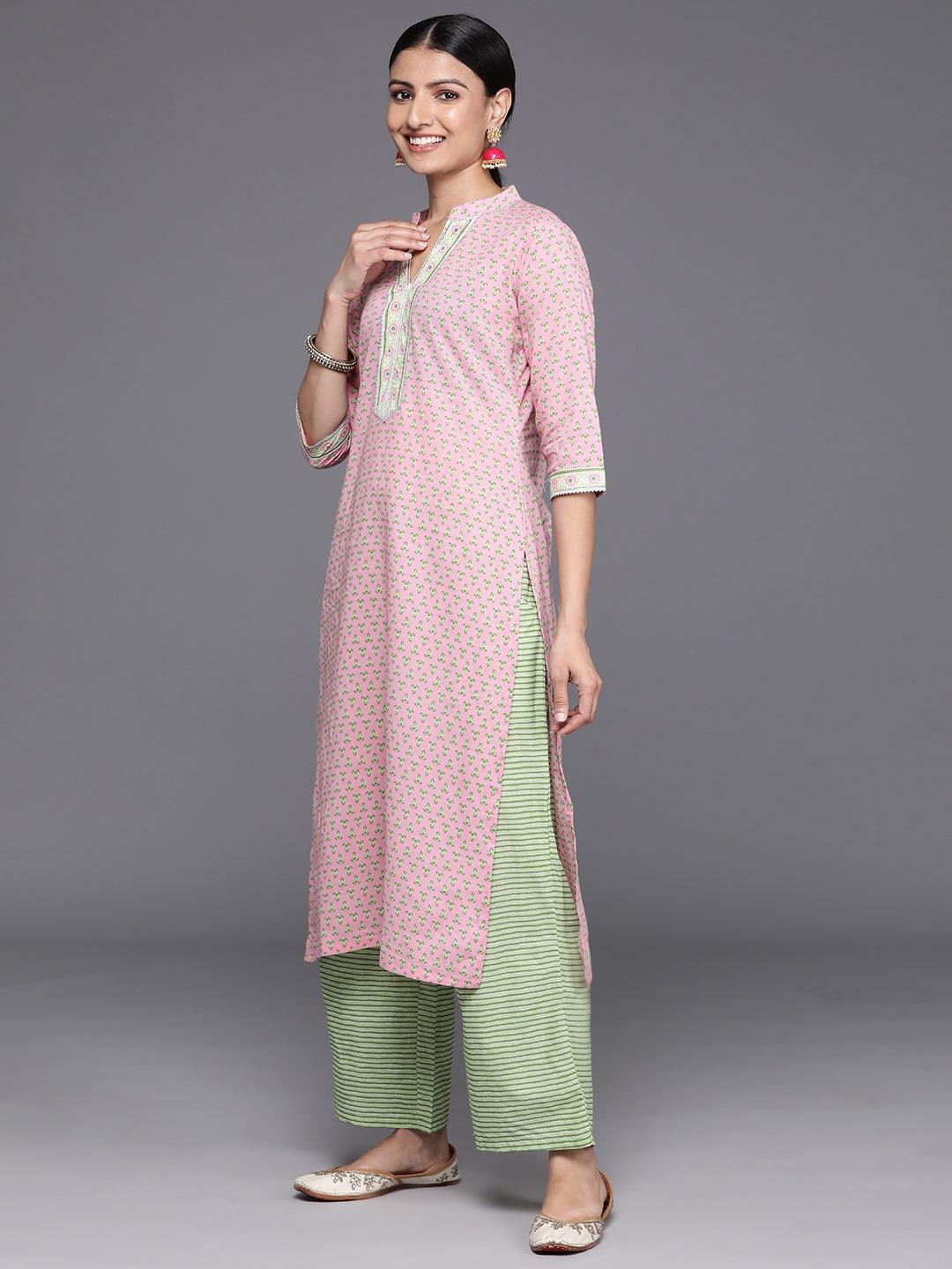 Pink Printed Cotton Straight Kurta With Palazzos & Dupatta - Libas