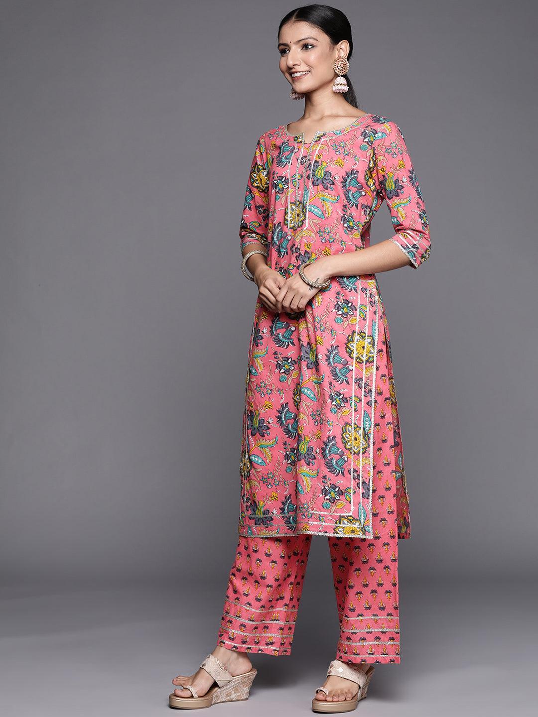 Pink Printed Cotton Straight Suit Set - ShopLibas