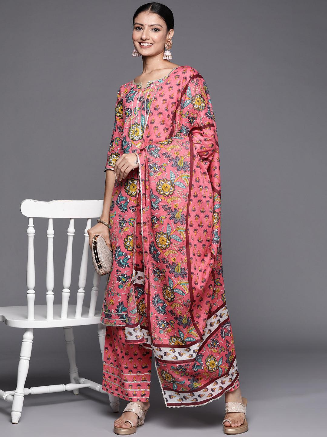 Pink Printed Cotton Straight Suit Set - ShopLibas
