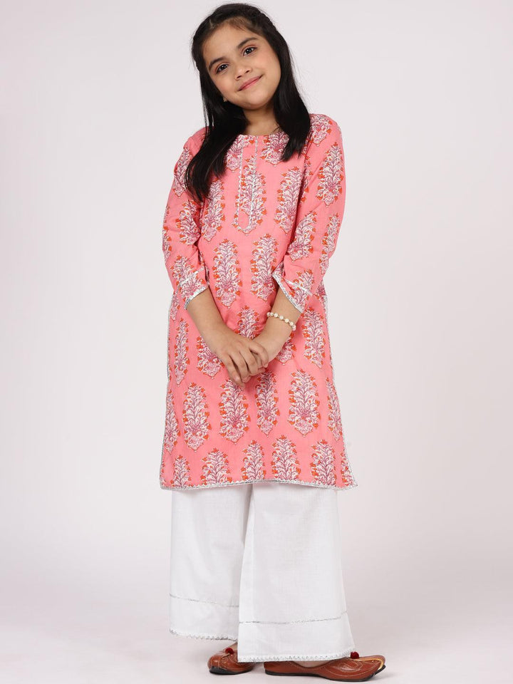 Kids Pink Printed Cotton Kurta Set