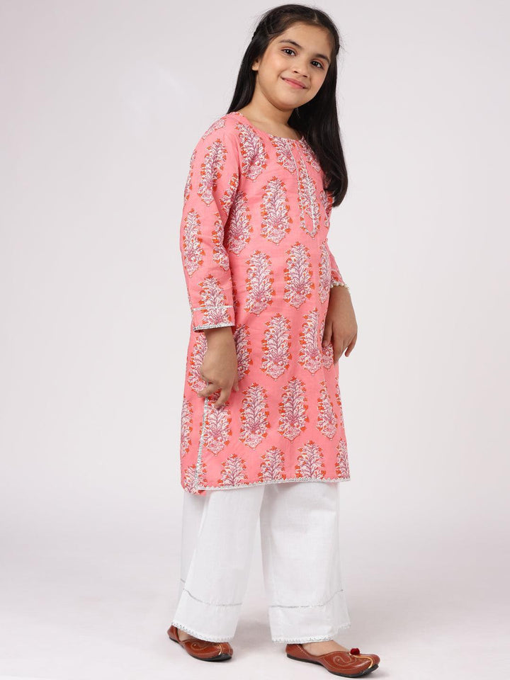 Kids Pink Printed Cotton Kurta Set