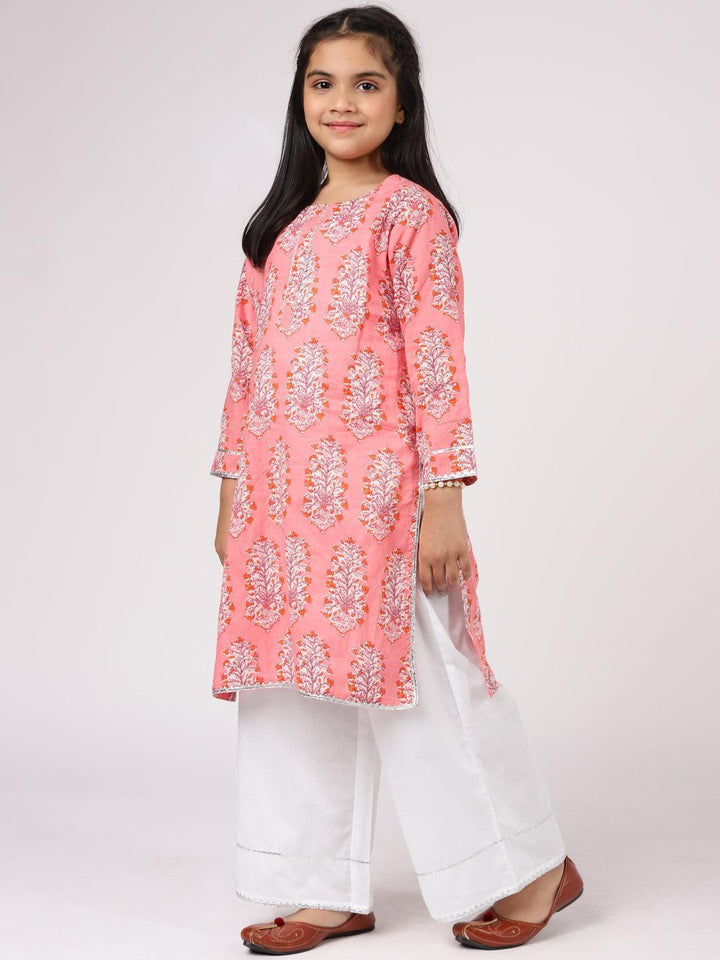 Kids Pink Printed Cotton Kurta Set