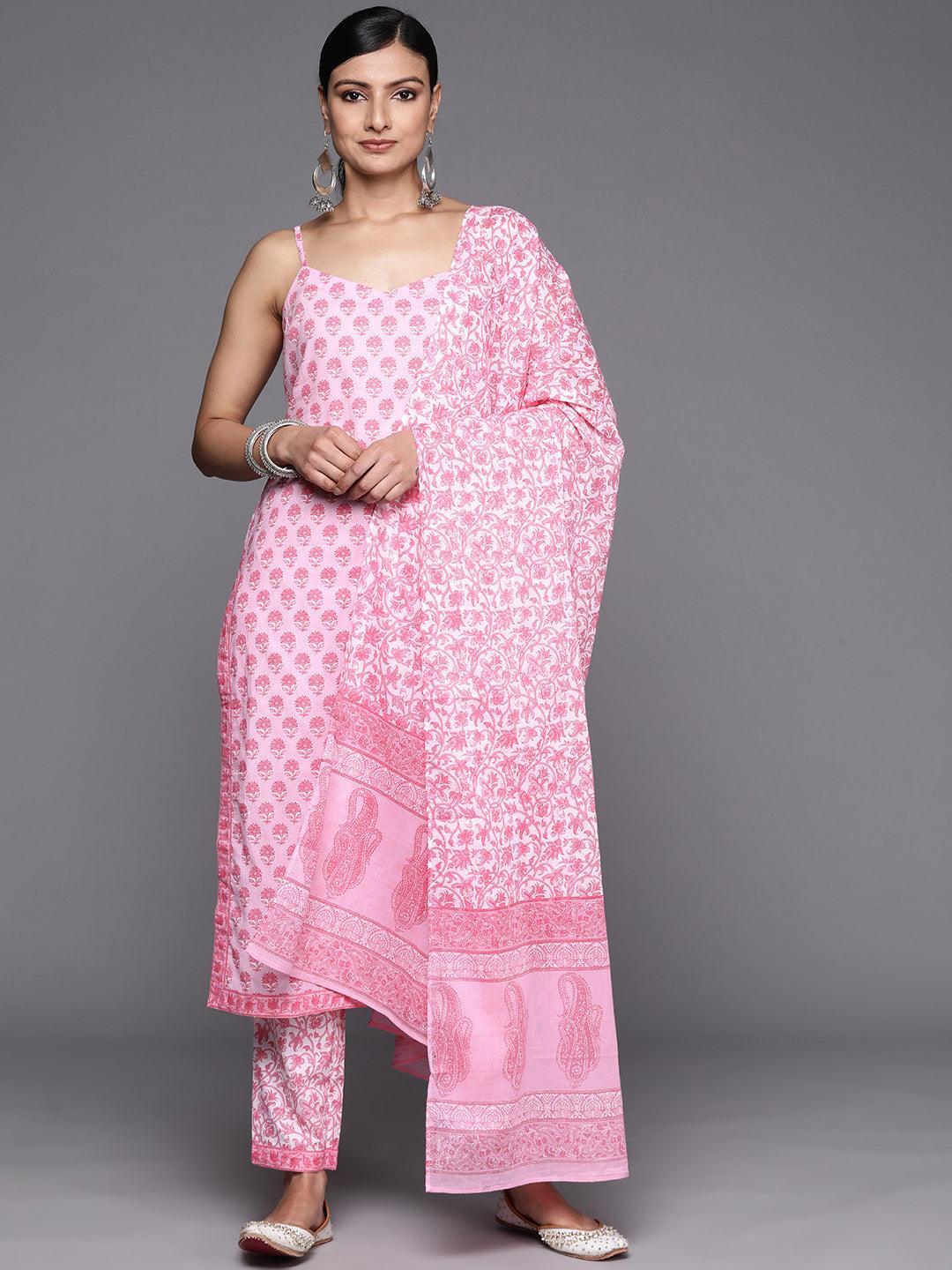 Pink Printed Cotton Straight Suit Set With Dupatta