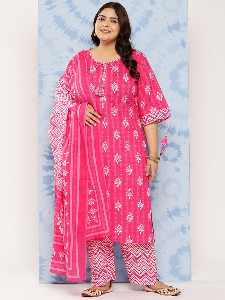 Pink Printed Cotton Straight Kurta With Trousers and Dupatta