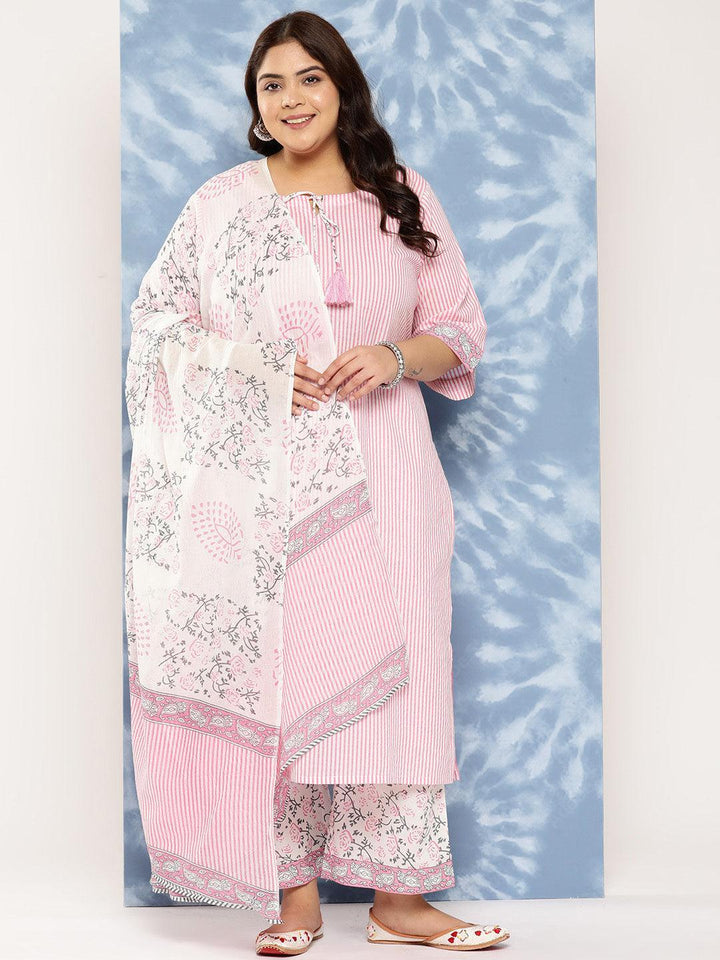 Pink Printed Cotton Straight Kurta With Trousers and Dupatta
