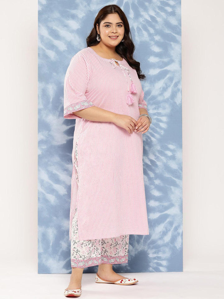 Pink Printed Cotton Straight Kurta With Trousers and Dupatta