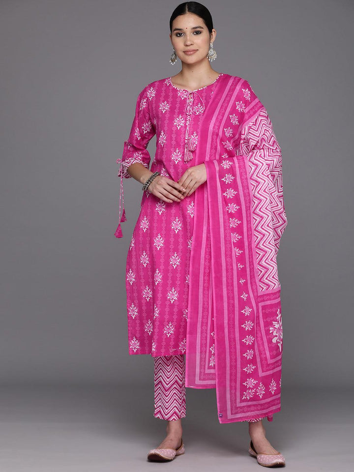 Pink Printed Cotton Straight Kurta With Trousers & Dupatta