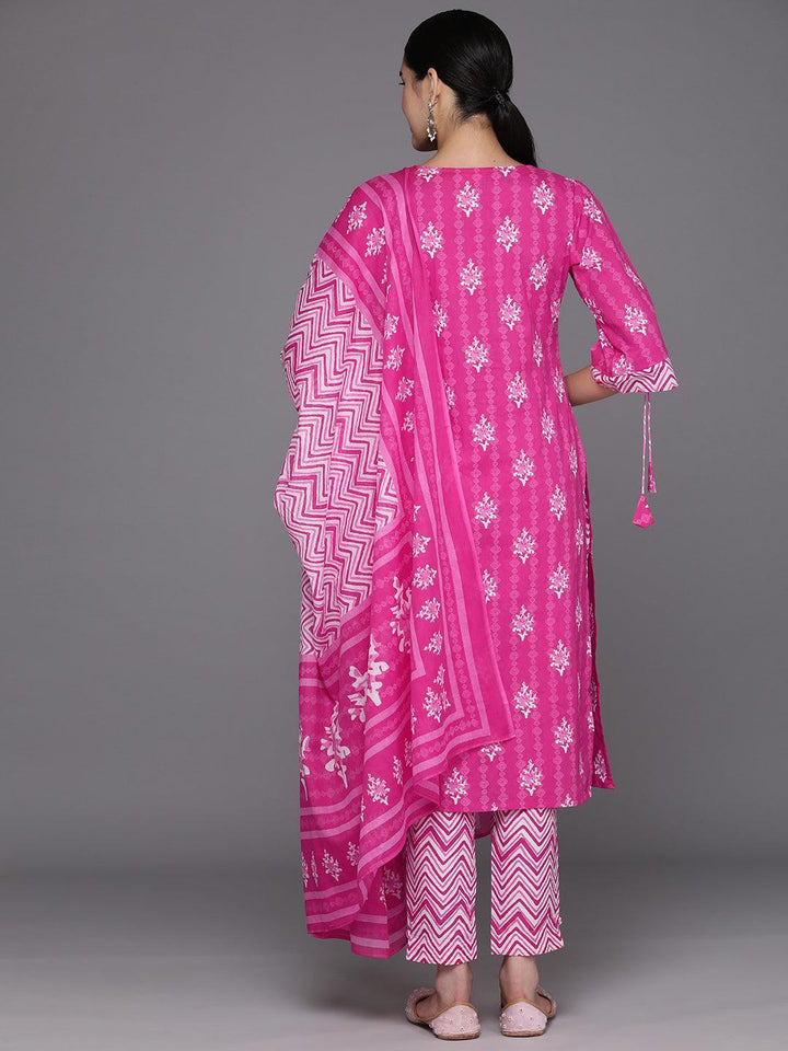 Pink Printed Cotton Straight Kurta With Trousers & Dupatta