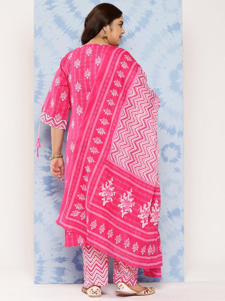 Pink Printed Cotton Straight Kurta With Trousers and Dupatta
