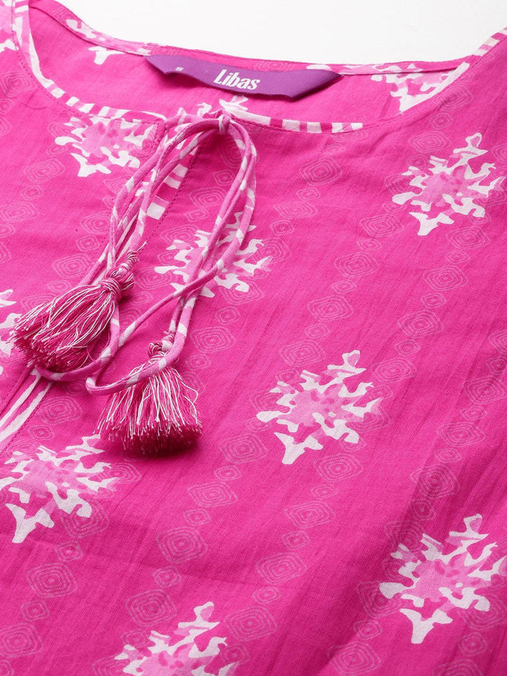 Pink Printed Cotton Straight Kurta With Trousers & Dupatta