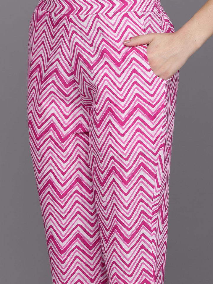 Pink Printed Cotton Straight Kurta With Trousers & Dupatta