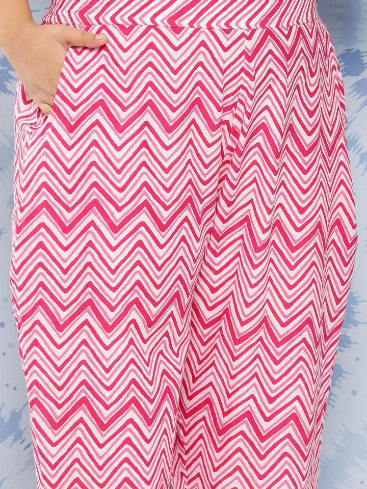 Pink Printed Cotton Straight Kurta With Trousers and Dupatta