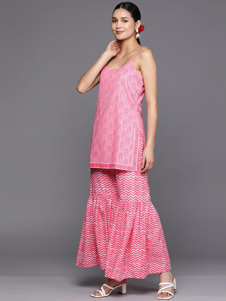 Pink Printed Cotton Straight Suit Set With Sharara
