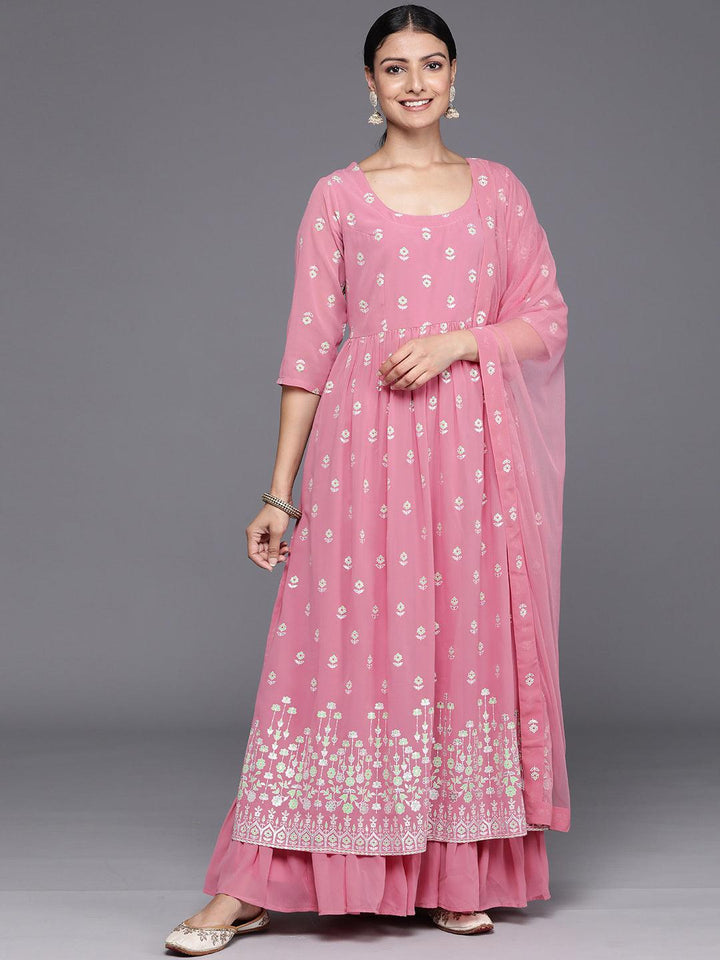 Pink Printed Georgette A-Line Kurta With Palazzos & Dupatta
