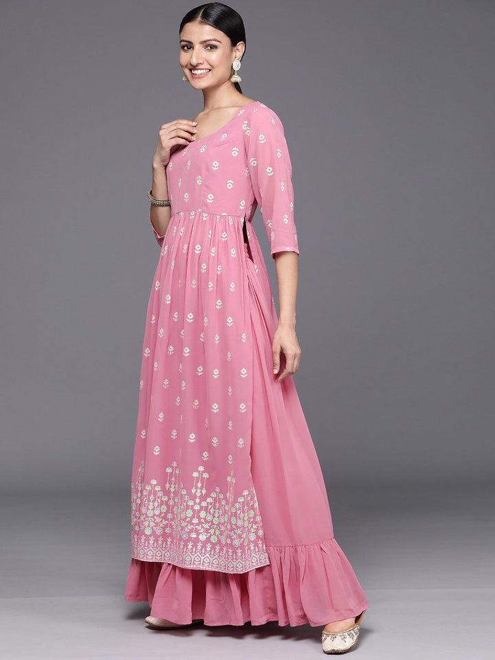 Pink Printed Georgette A-Line Kurta With Palazzos & Dupatta