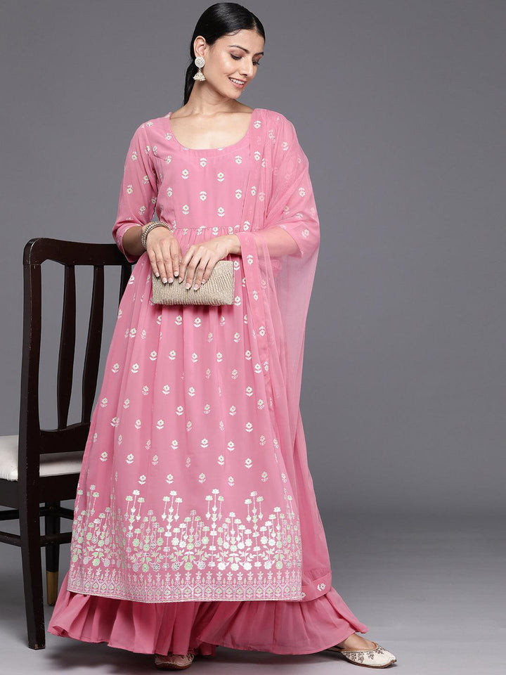Pink Printed Georgette A-Line Kurta With Palazzos & Dupatta