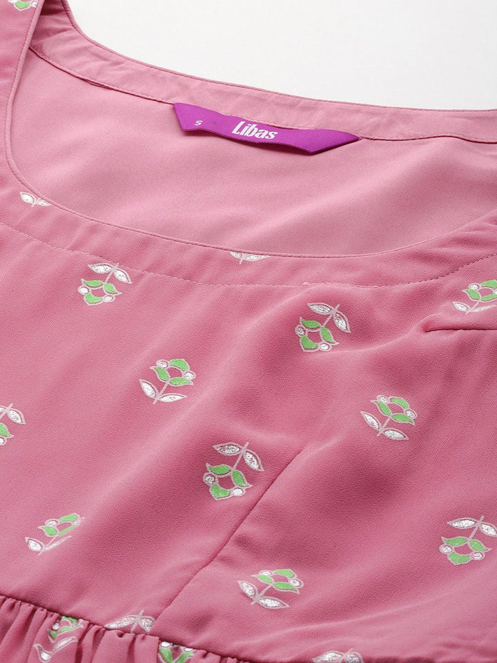 Pink Printed Georgette A-Line Kurta With Palazzos & Dupatta