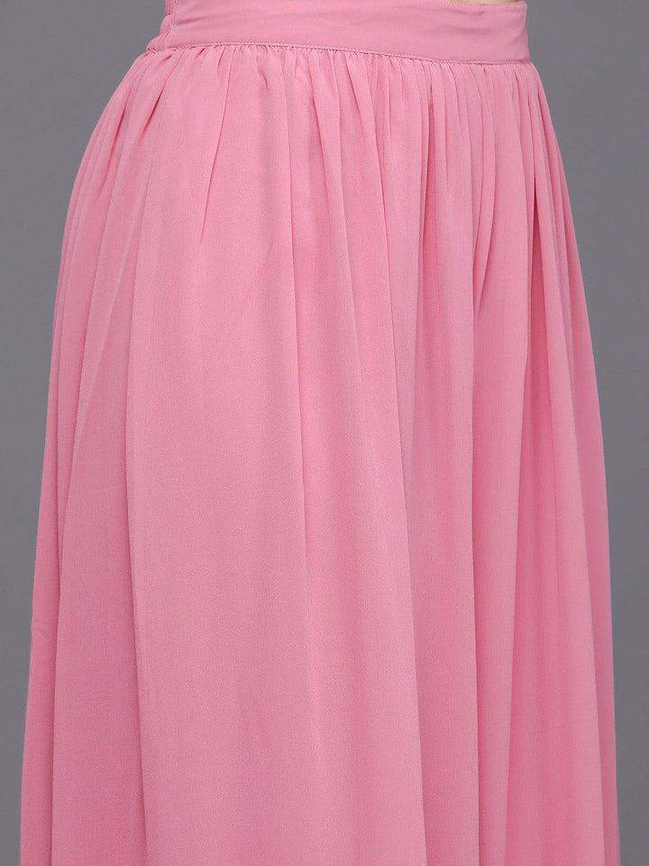 Pink Printed Georgette A-Line Kurta With Palazzos & Dupatta